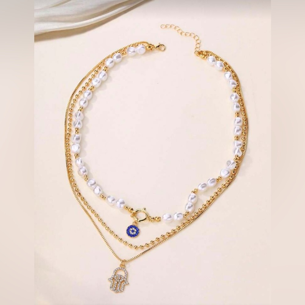 Gold Tone Hamsa Pendant 1pc layered Necklace | Evil Eye Protection Jewelry - Picture 4 of 4